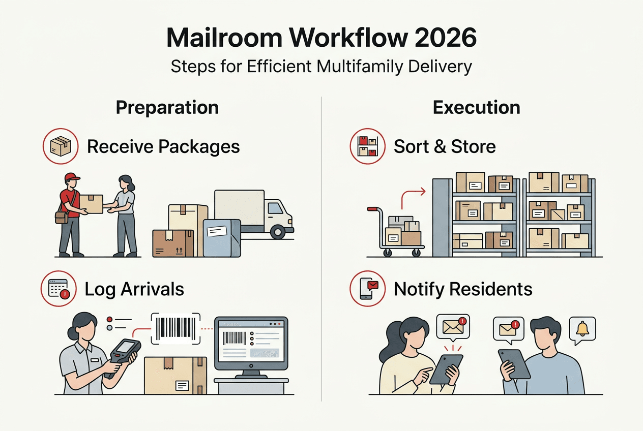 Mailroom workflow infographic with key steps