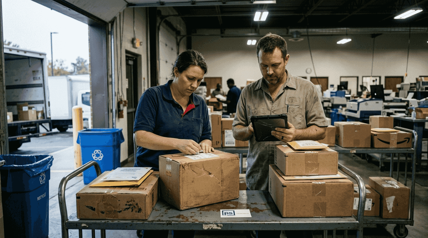 Team sorting high package volume in mailroom