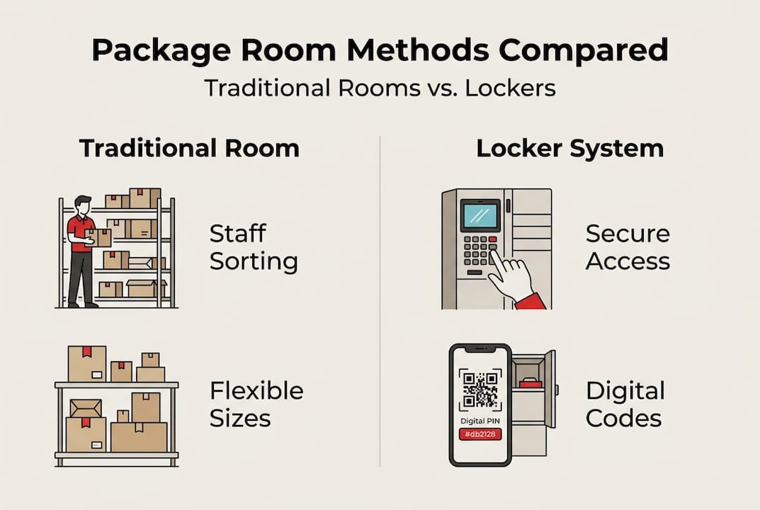 Infographic comparing traditional rooms and locker systems