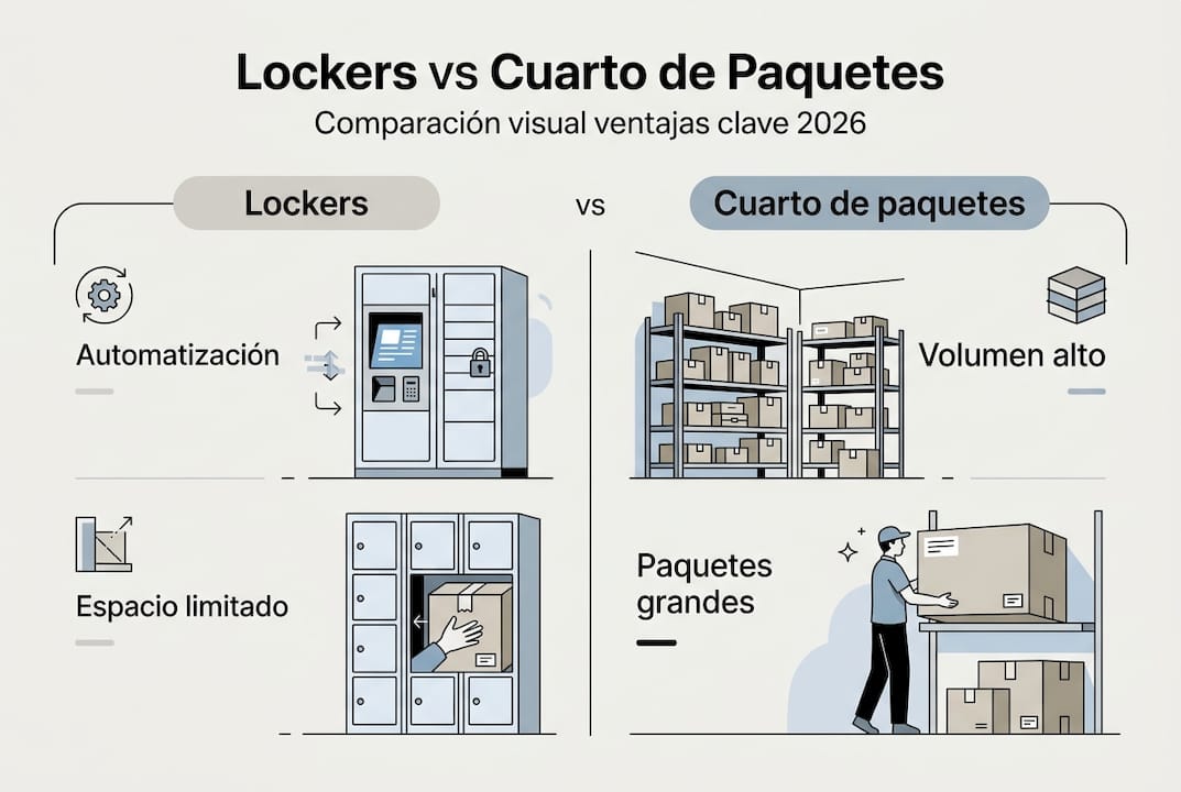 Infografía que muestra las diferencias entre lockers inteligentes y salas de paquetería