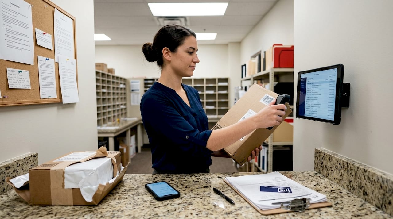 Manager scanning packages with mailroom tablet
