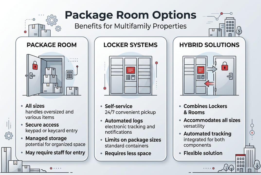 Infographic comparing package room solutions