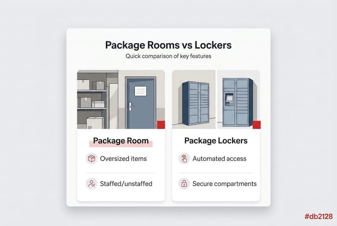 Infographic comparing package rooms and lockers