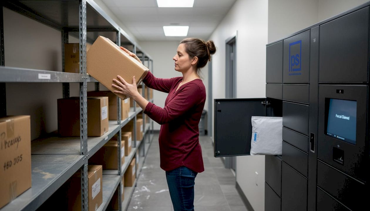 Resident picks up parcel, mixed storage