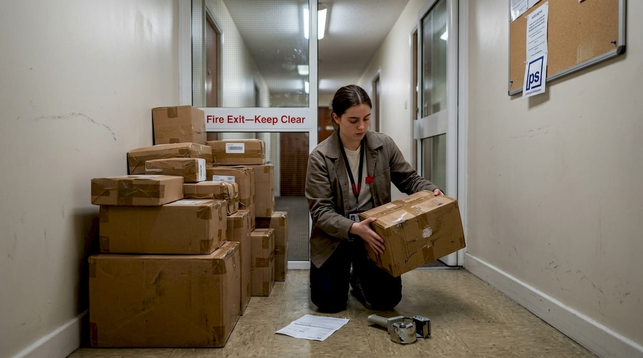 Mailroom assistant handles package overflow in hallway