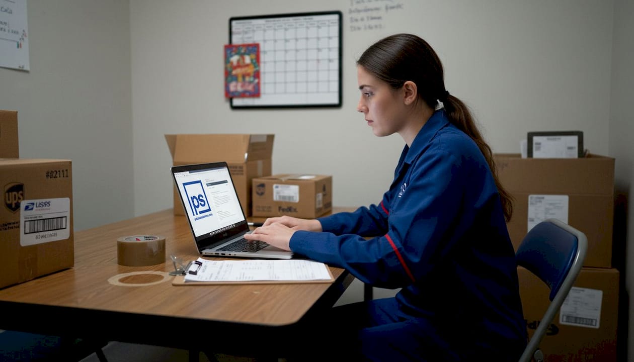 Staff member logs packages at mailroom table