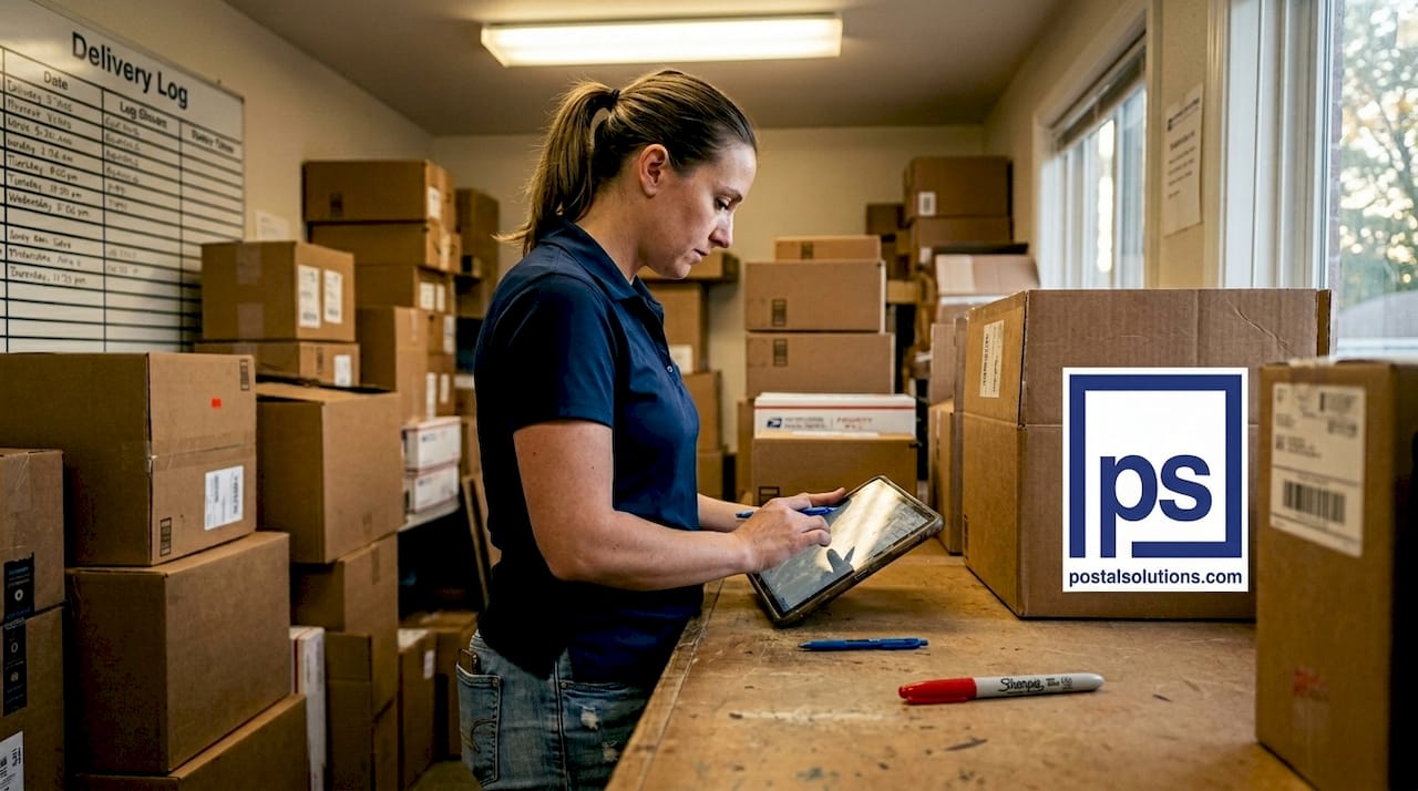 Mailroom worker updating delivery log on tablet