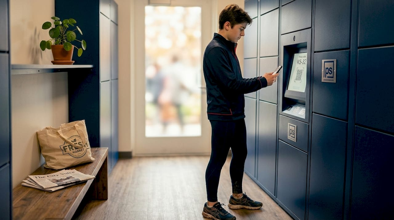 Resident using package locker in updated mailroom