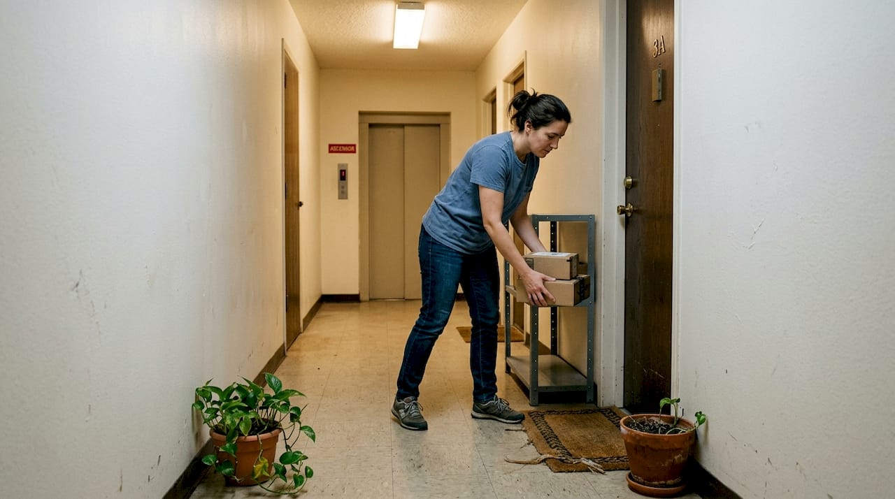 El residente recoge sus paquetes de la zona común de estanterías