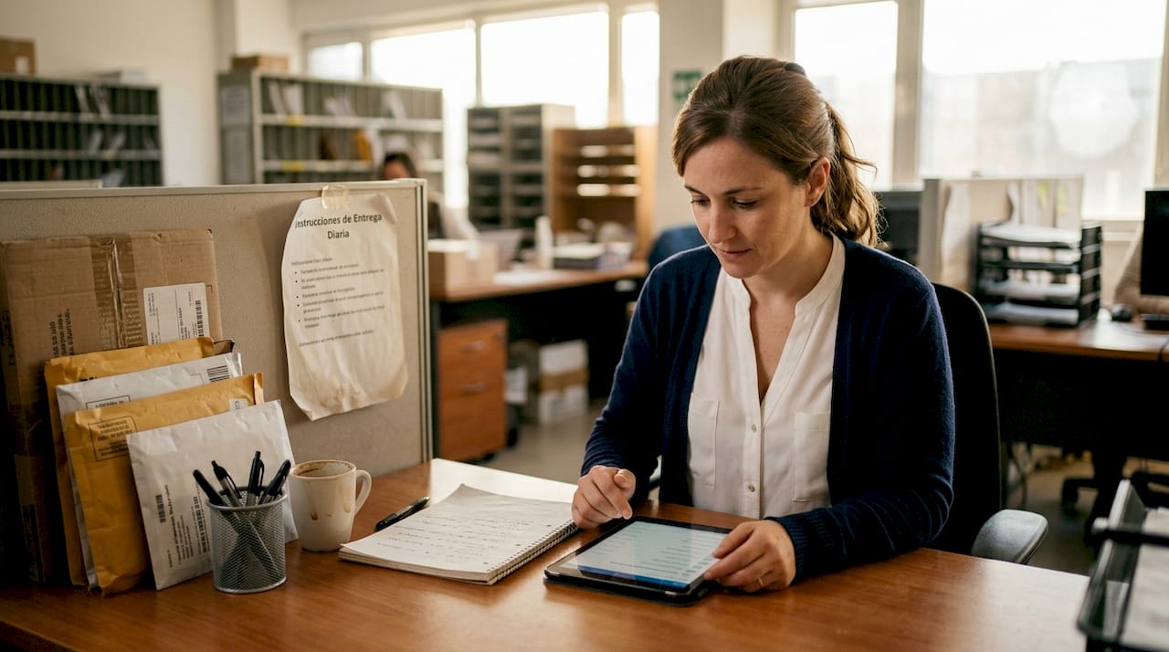 El administrador gestiona el registro de paquetes desde su tablet.