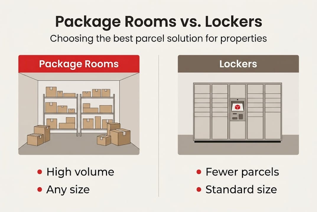 Infographic comparing package rooms and lockers