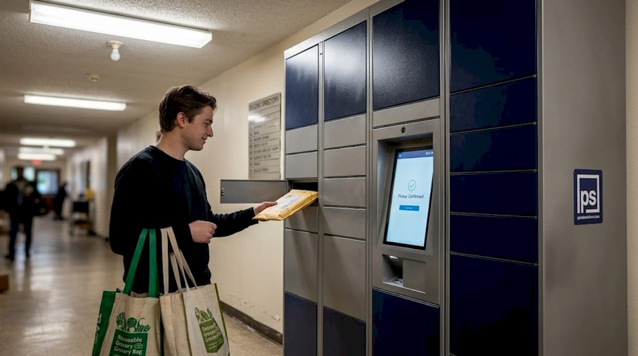 Resident retrieves package from digital locker