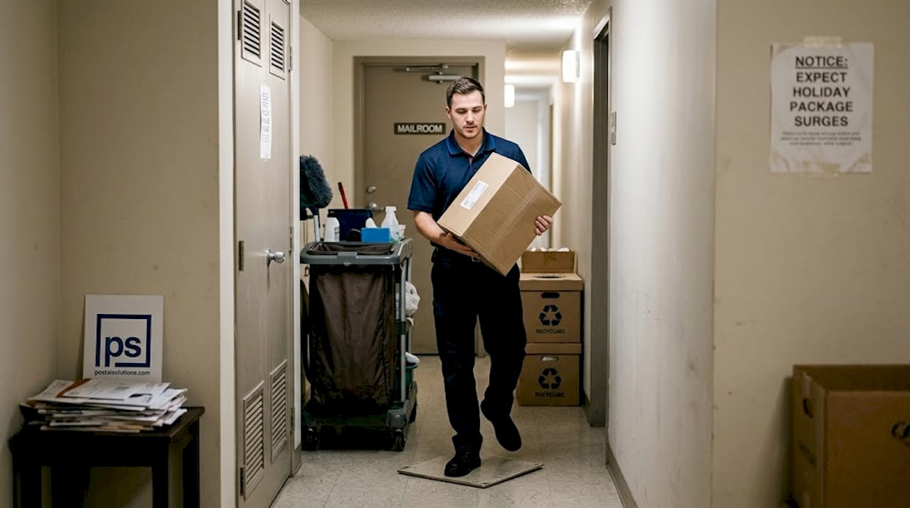 Staff moving oversized package in building hallway