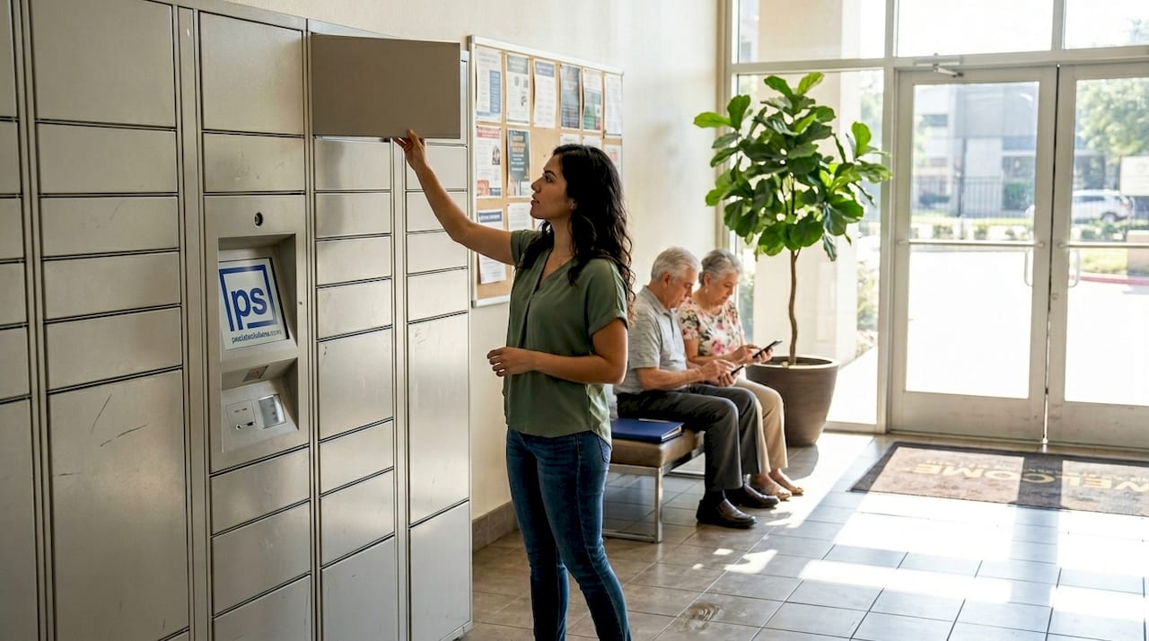 Resident retrieving package from smart locker lobby