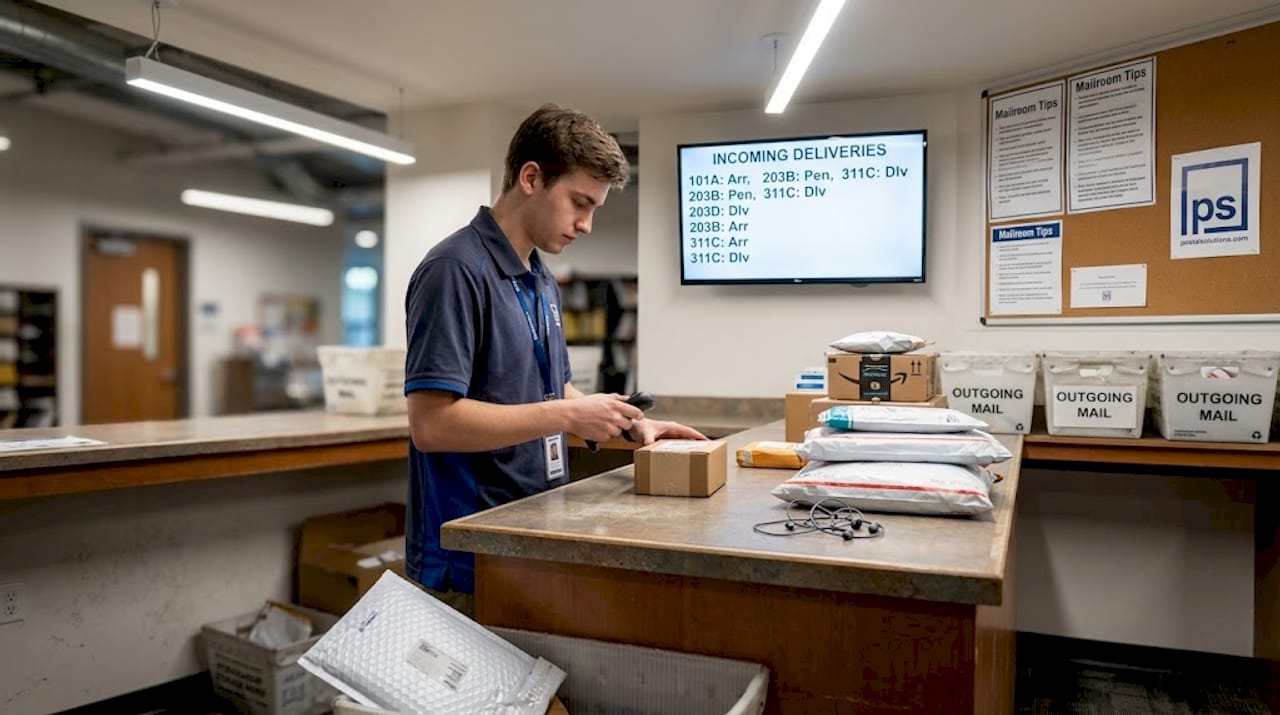 Student housing staff sorting packages efficiently