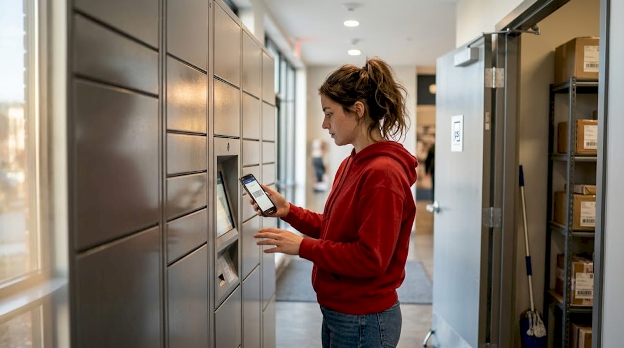 Resident retrieving package from apartment locker