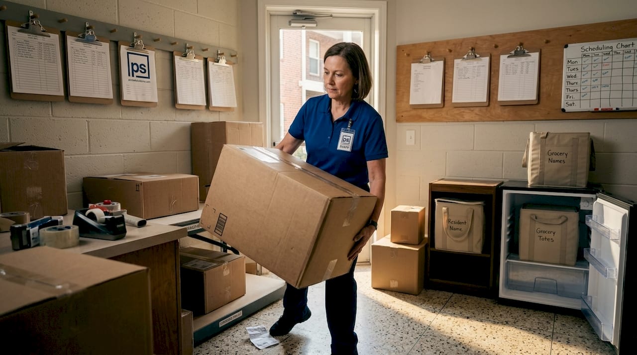 Staff member shelving oversized package in apartment room