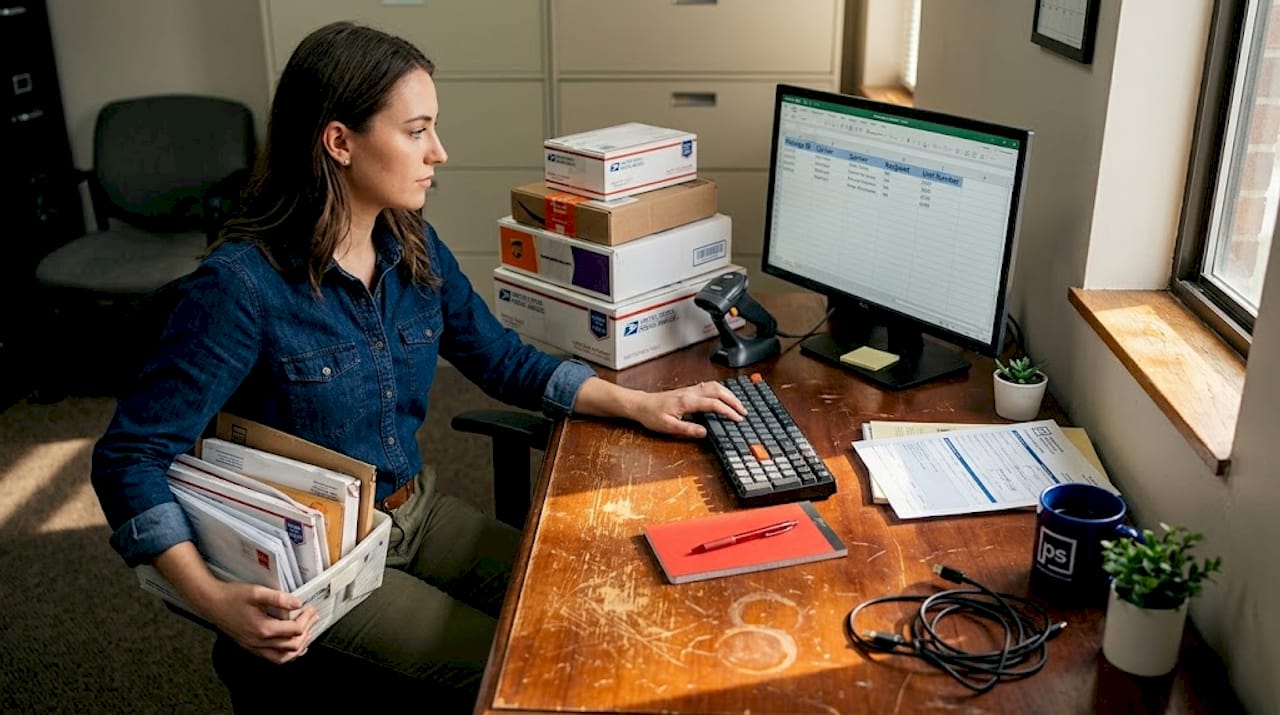 Leasing office assistant handling packages at desk