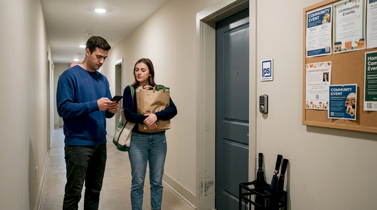 Residents entering package room at apartment building