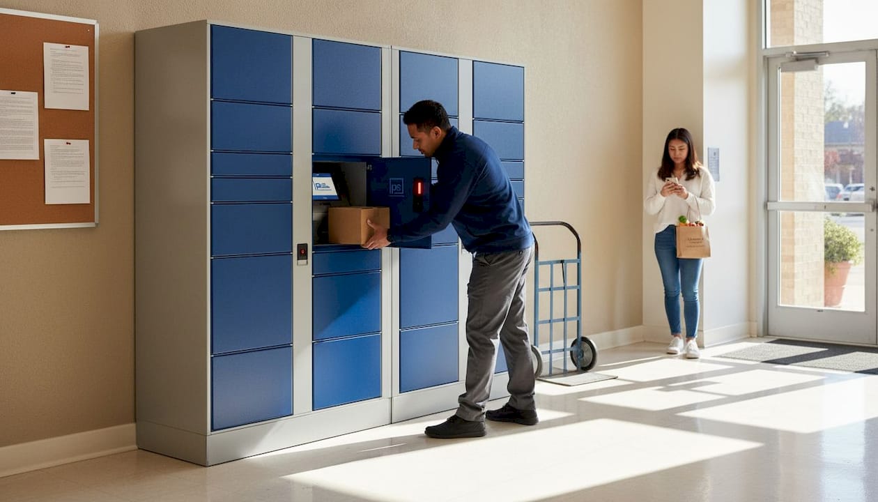 Courier loading package into apartment locker