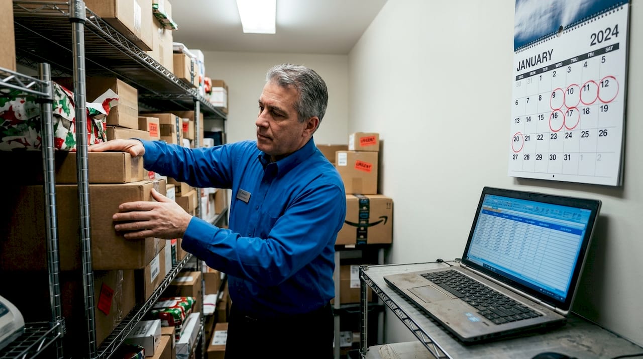 Staff organizing packages during holiday package surge