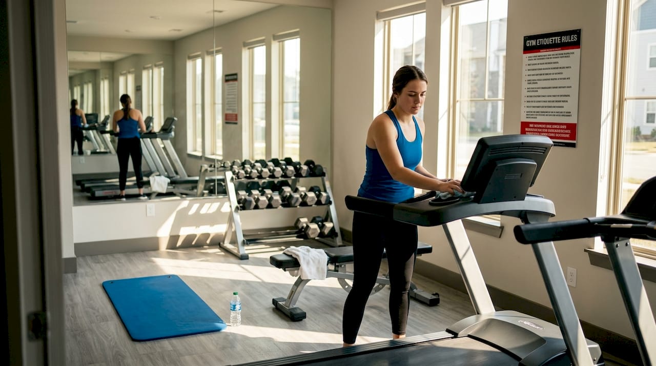 Resident cleans up in apartment gym wellness space