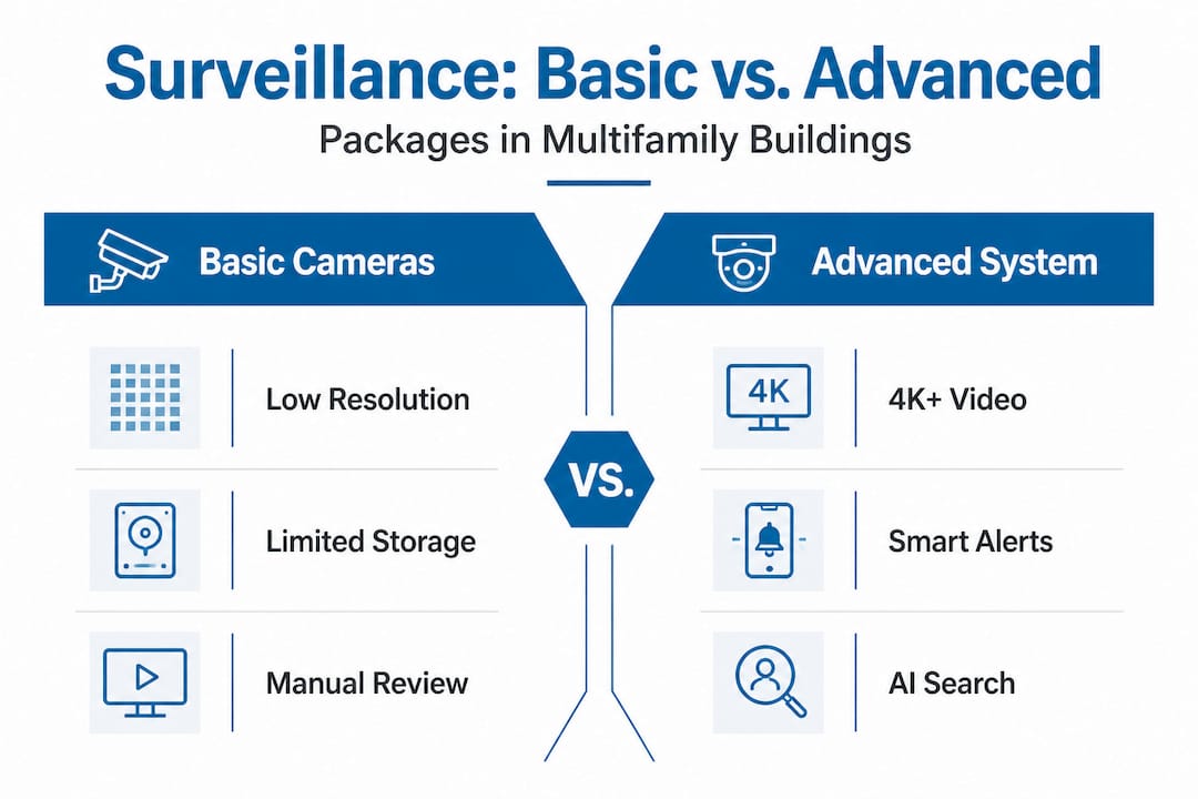 Infographic comparing basic and advanced surveillance features