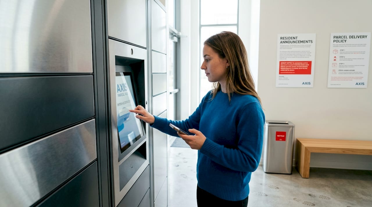 Resident enters code at apartment package lockers
