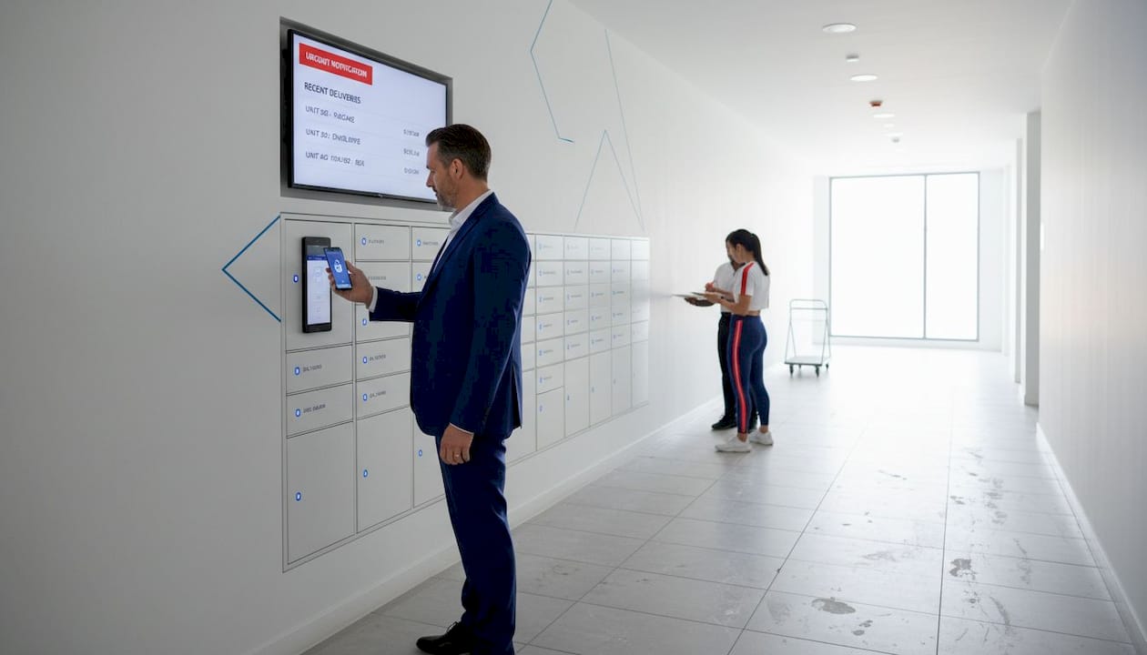 Residents collect packages at smart building lockers