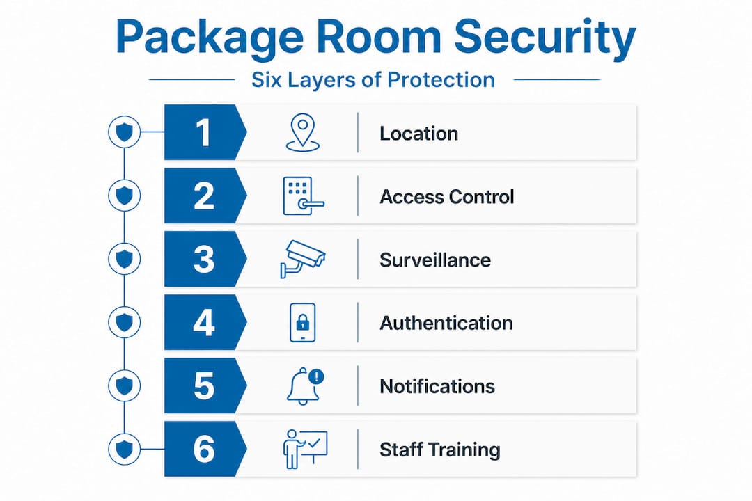 Infographic of six package room security layers