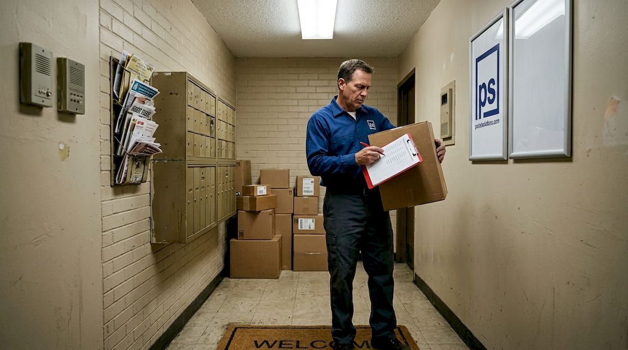 Maintenance worker managing packages in cramped lobby