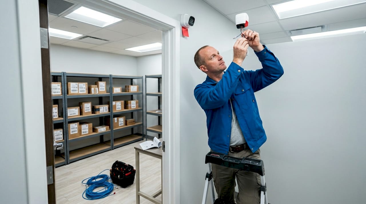 Technician sets up package room security camera