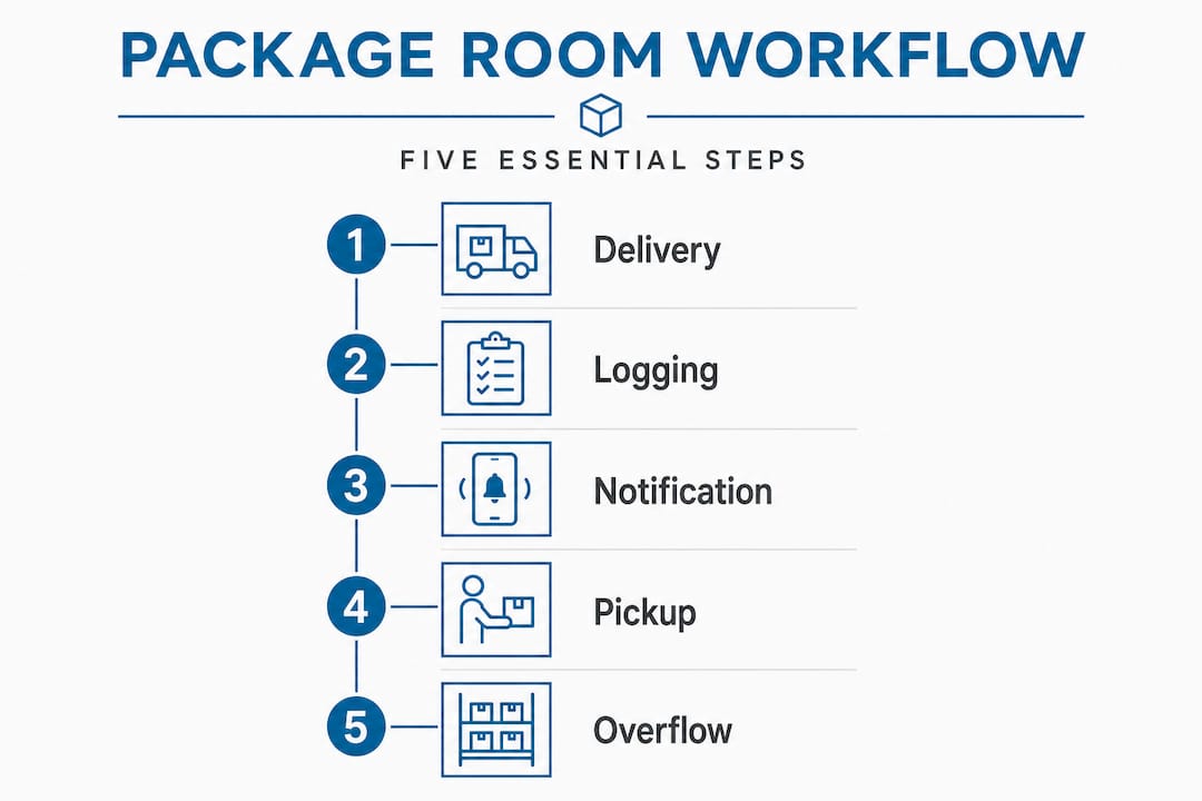 Vertical flow infographic of package room steps