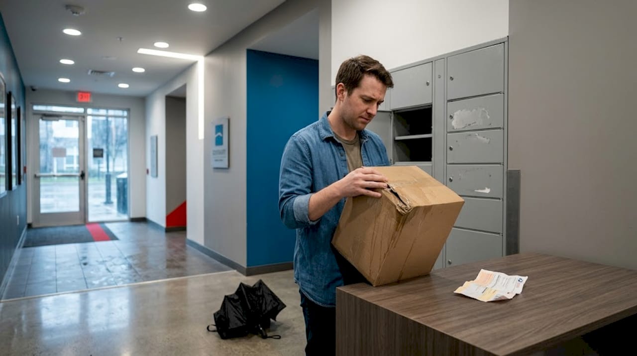 Resident opens rain-damaged package indoors