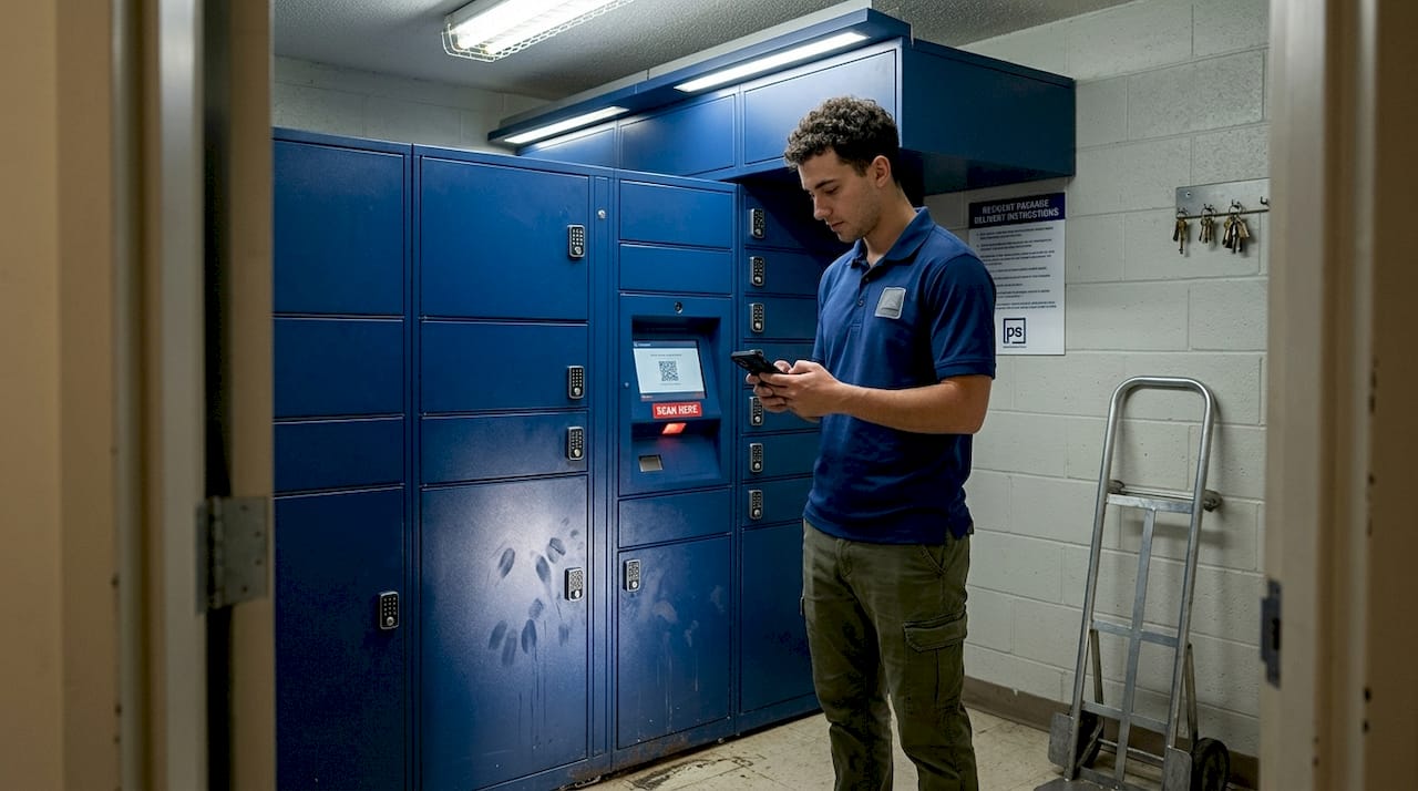 Resident using automated apartment package lockers