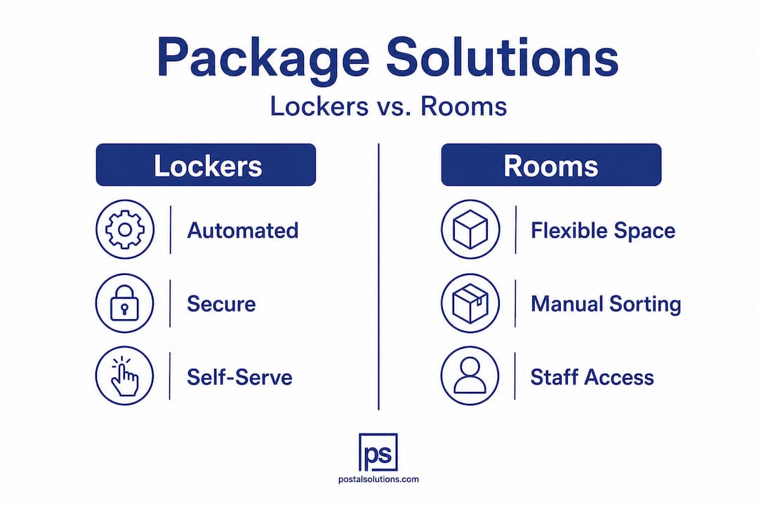 Infographic comparing package lockers and package rooms