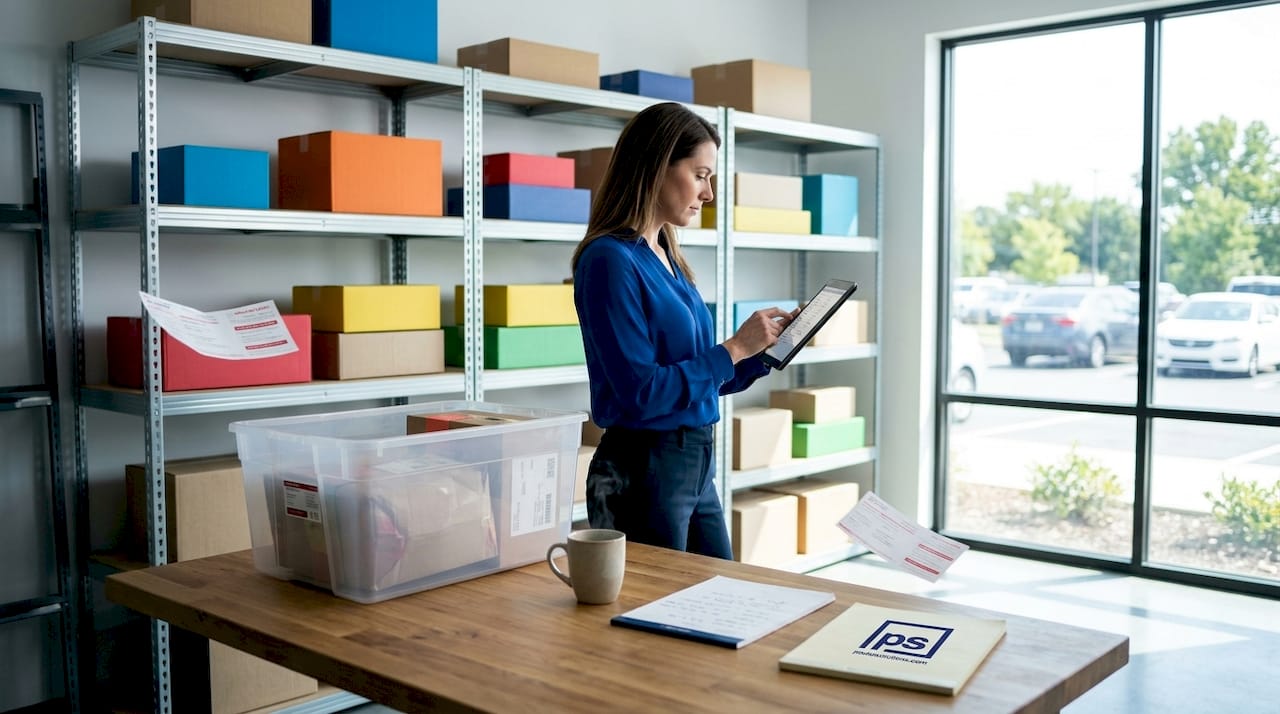 Leasing assistant sorting packages in storage room