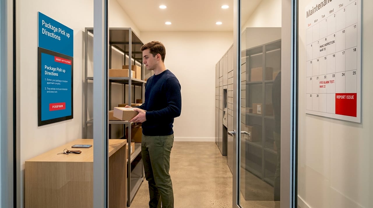 Resident retrieving parcel from smart package room