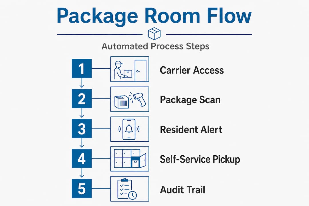 Infographic showing automated package room process steps