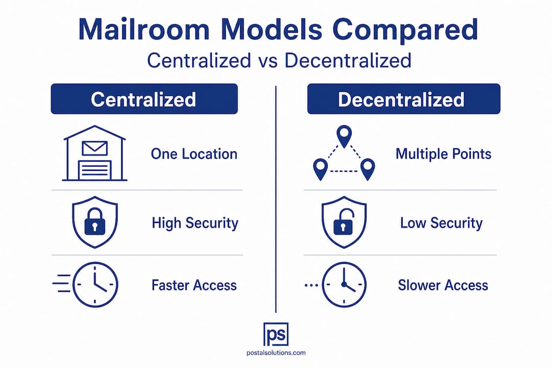 Infographic comparing centralized and decentralized mailrooms