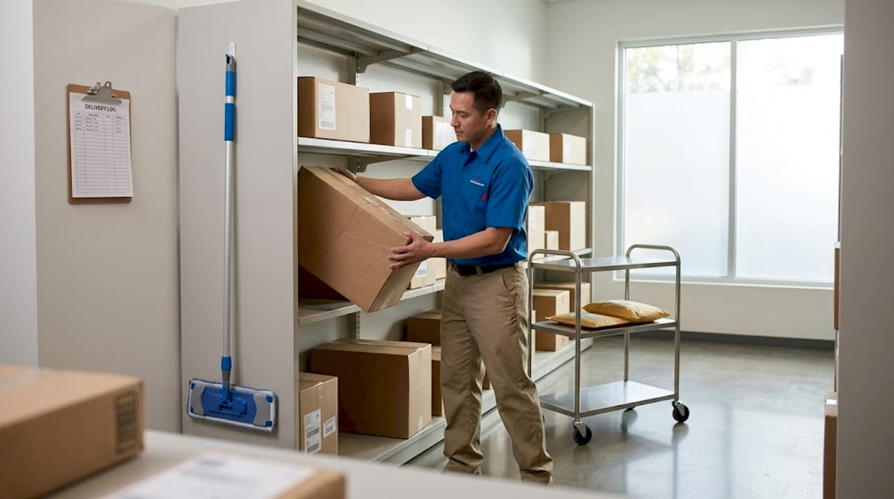 Staff arranging oversized box in package room