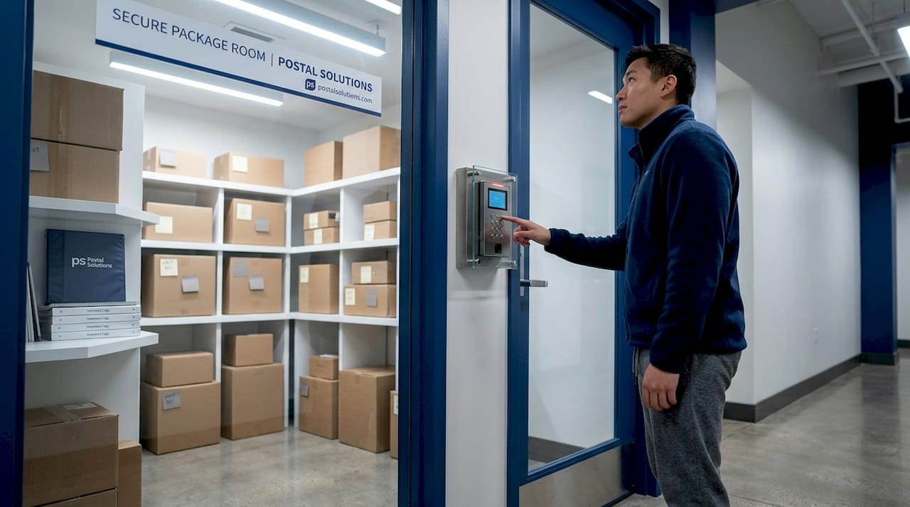Resident using keypad in secure package room