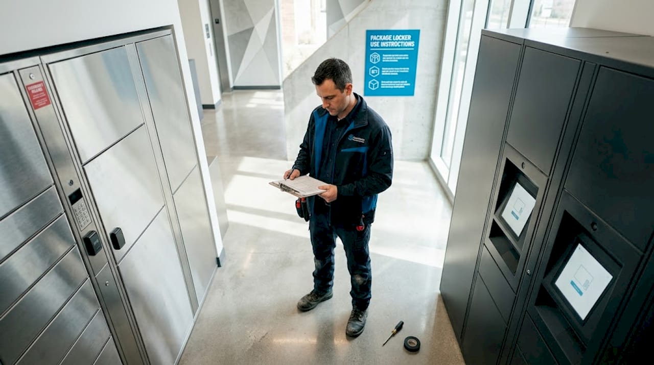 Technician comparing delivery locker systems