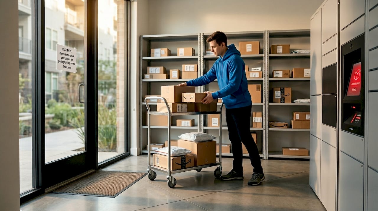 Resident organizing packages in package room