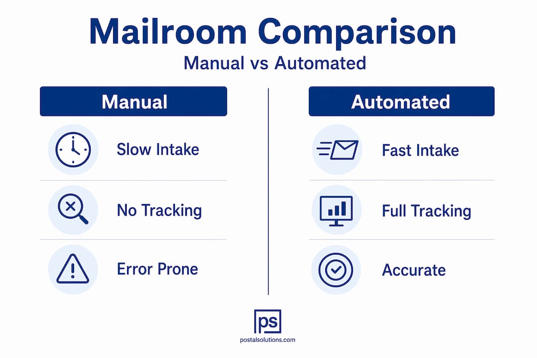 Infographic comparing manual and automated mailroom processes