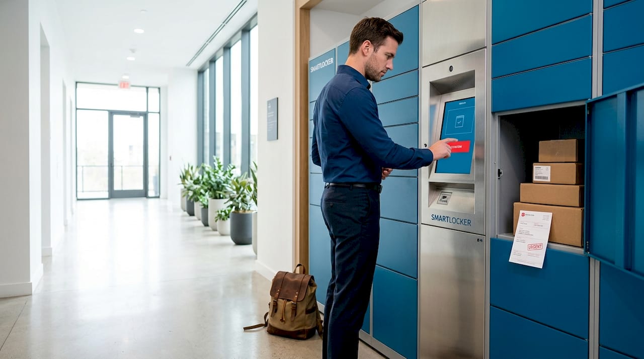 Resident retrieves parcel from electronic locker