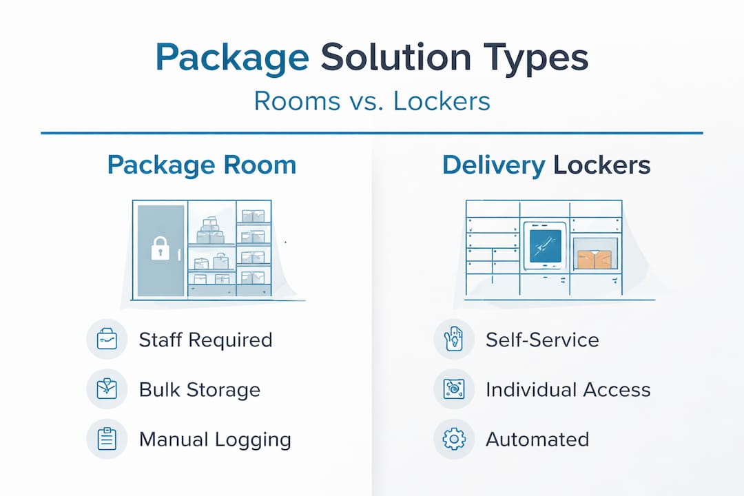 Infographic comparing package rooms and lockers