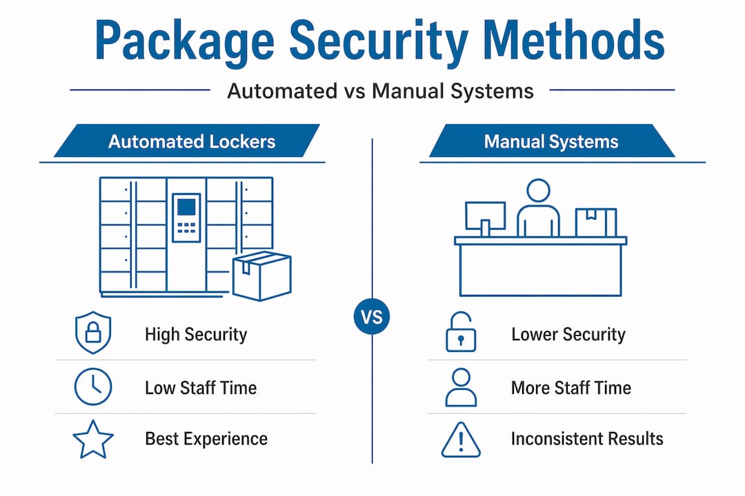 Infographic comparing automated lockers and manual package systems