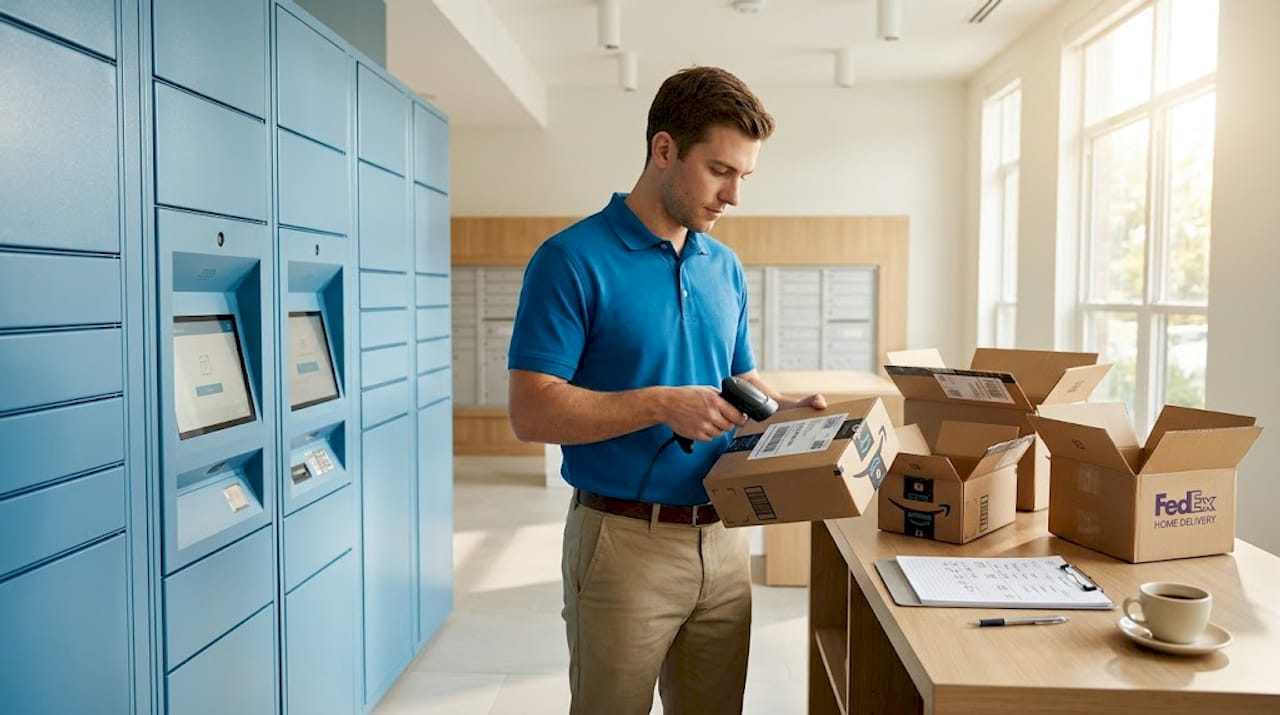 Staff scanning packages at electronic lockers