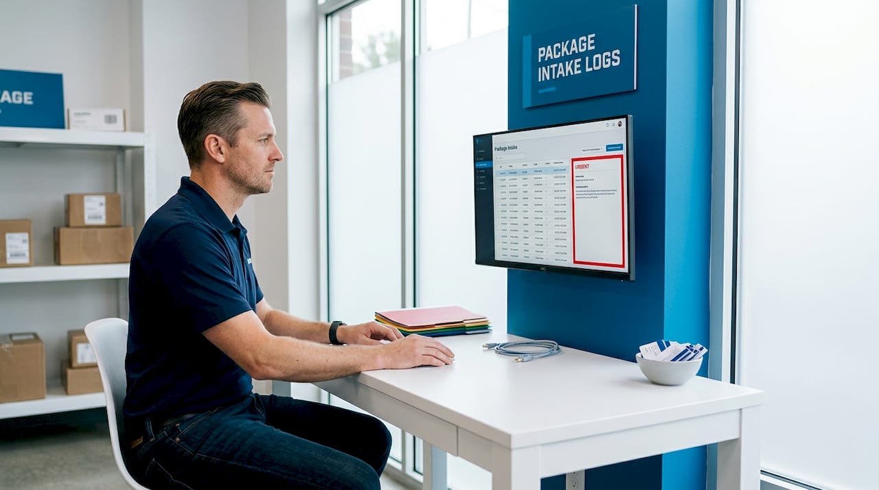 Technician reviewing package tracking logs
